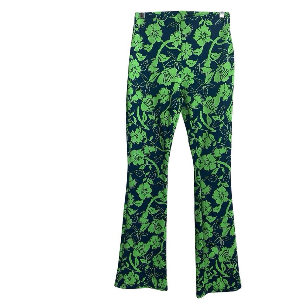 Zara Stretch Navy Green Floral Flare Leg Pull On Pants NWT Ladies Medium Hippie